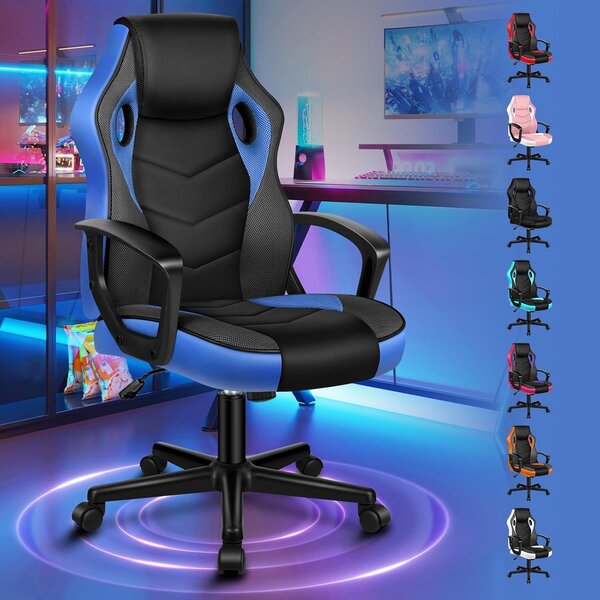 Sedia da gaming, sedia da corsa per PC, sedia girevole ergonomica per ufficio con ruote, realizzata in ecopelle e tessuto, colore blu