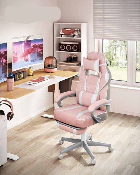 Sedia da gaming – Ergonomica, con supporto lombare, poggiapiedi, portata massima 150 kg, color rosa pastello