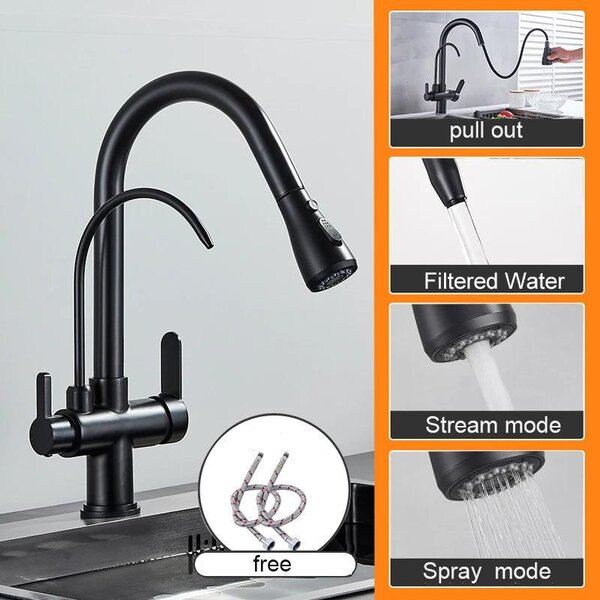 Rubinetto da cucina - Bocchetta estraibile - Due maniglie - Acqua calda e fredda - Nero opaco
