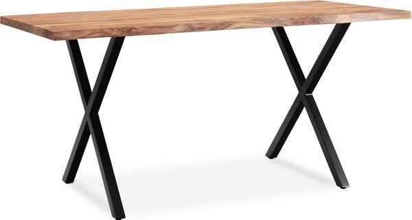 WOHNLING Tavolo da pranzo 160x80x76 cm Legno massello di acacia / metallo Tavolo da pranzo con bordo naturale Tavolo da cucina massiccio con gambe a X in nero Tavolo in legno Tavolo da pranzo