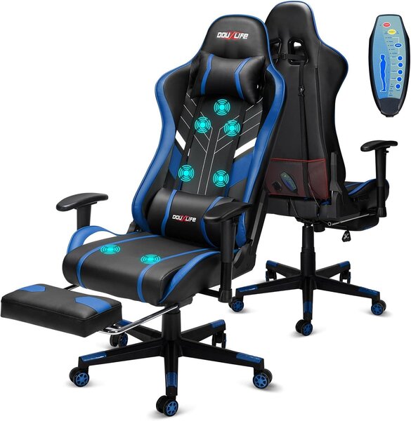 Sedia da gaming Douxlif, con massaggio a 7 punti, sedia ergonomica da ufficio con poggiapiedi, schienale regolabile da 90 a 175°, braccioli regolabili in 2 dimensioni, ideale per il gaming su PC
