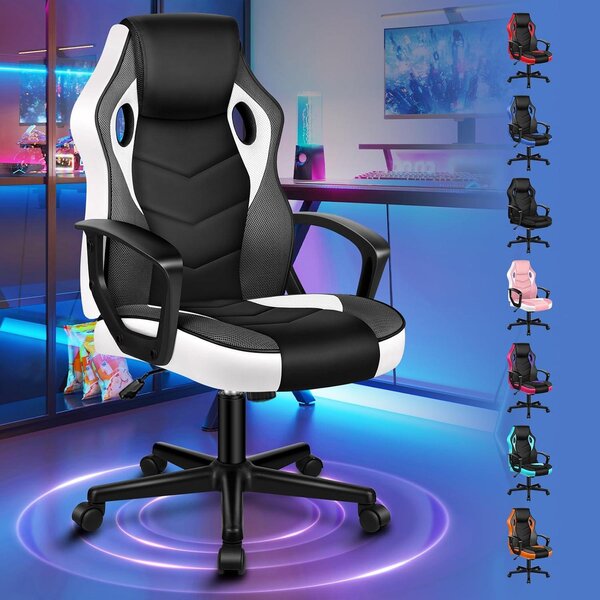 Sedia da gaming, sedia da corsa per PC, sedia girevole ergonomica per ufficio con ruote, realizzata in ecopelle e tessuto, colore bianco, per uso domestico, colore bianco