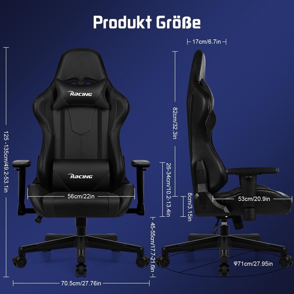 Sedia da gaming con poggiapiedi, ergonomica, con supporto lombare regolabile e poggiatesta, portata fino a 150 kg