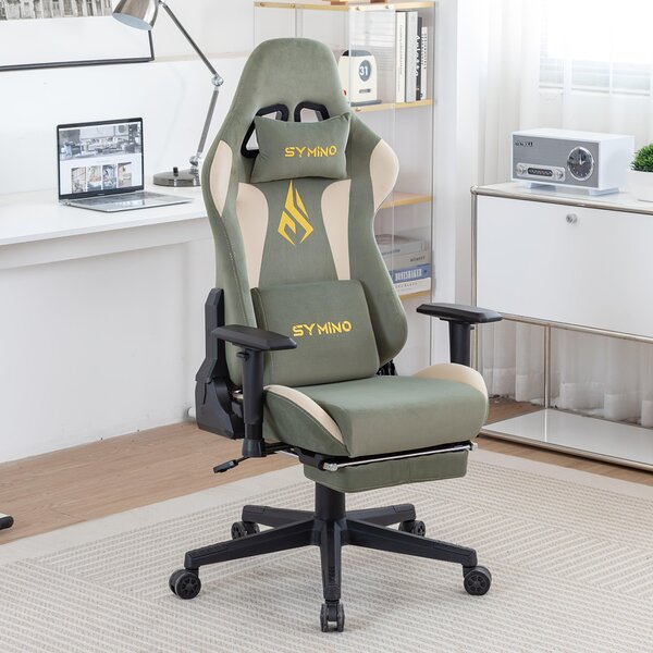 Sedia da gaming – Sedia da ufficio ergonomica, disponibile in verde e beige, rivestita in ecopelle, con poggiapiedi e struttura in metallo