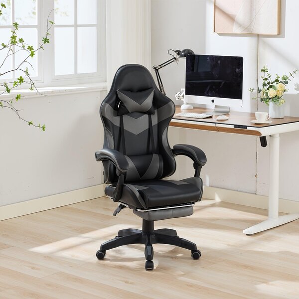 Sedia da gaming ergonomica, rivestita in ecopelle, con altezza regolabile e poggiapiedi integrato