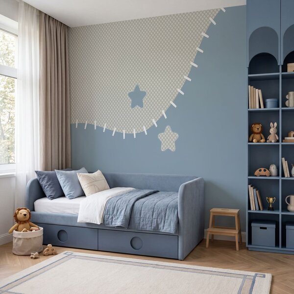 Carta da parati Tessuto blu e bianco con stelle, Carta da parati per Bambini, Carta da parati popolare, t00733v2 - Tapeko.it