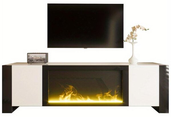 Mobile TV con camino elettrico – 165 cm – Bianco e nero lucido – Portata massima: 60 kg