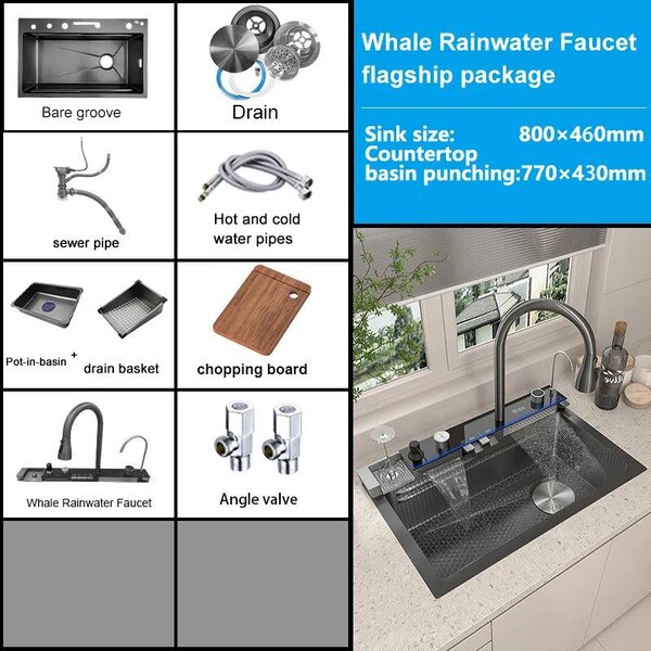 Lavello con rubinetto a cascata, display digitale e acciaio inossidabile