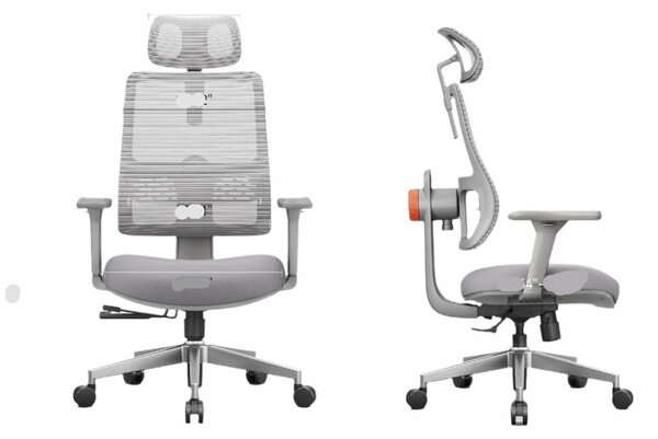 Sedia da ufficio ergonomica, grigia - Schienale alto con supporto lombare automatico e braccioli 3D