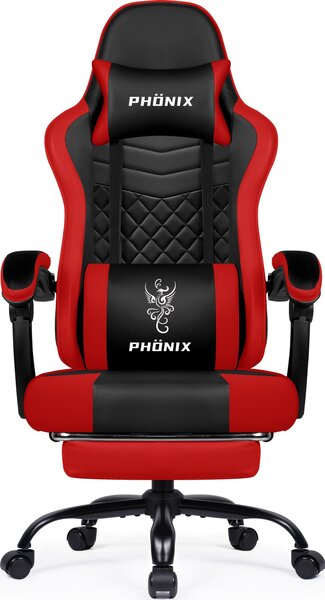 Sedia da gaming, schienale e poggiapiedi regolabili ergonomicamente, imbottitura in memory foam, rivestimento in ecopelle, colore rosso