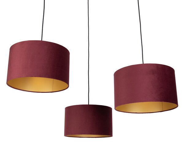 Lampada a sospensione nera con paralume rosso e interno dorato 35cm 3 luci - Cava