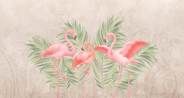 Carta da parati Gruppo di fenicotteri rosa con foglie verdi, Carta da parati animali, Carta da parati popolare, t00741 - Tapeko.it