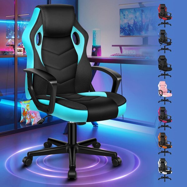 Sedia da gaming, sedia da corsa per PC, sedia girevole ergonomica per ufficio con ruote, realizzata in ecopelle e tessuto, adatta per l'uso domestico, colore ciano