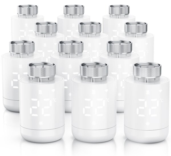 Set di 12 termostati per radiatori WLAN, marca Brandson, con controllo tramite app, programmazione settimanale, display LED, manopola rotativa, rilevamento finestra aperta, protezione antigelo, termostato per riscaldamento, colore bianco