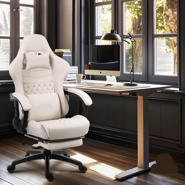 Sedia da ufficio ergonomica – Sedia da gaming – Sedia da lavoro – Stile retrò da corsa – Rotazione a 360 gradi – Bianca