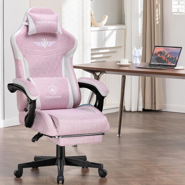 Sedia da gaming – Sedia ergonomica rosa per videogiochi, realizzata in lino traspirante e dotata di poggiapiedi