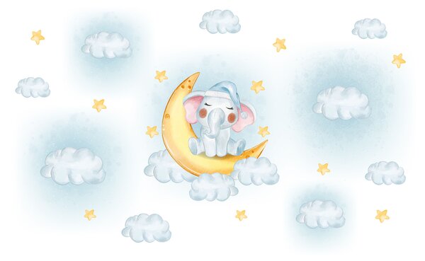 Carta da parati Elefante dei cartoni animati seduto sulla luna, Carta da parati per Bambini, Carta da parati popolare, w00951 - Tapeko.it
