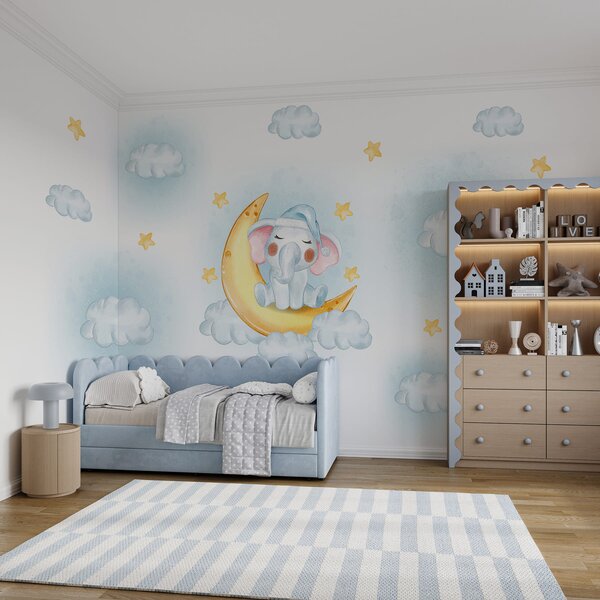 Carta da parati Elefante dei cartoni animati seduto sulla luna, Carta da parati per Bambini, Carta da parati popolare, w00951 - Tapeko.it