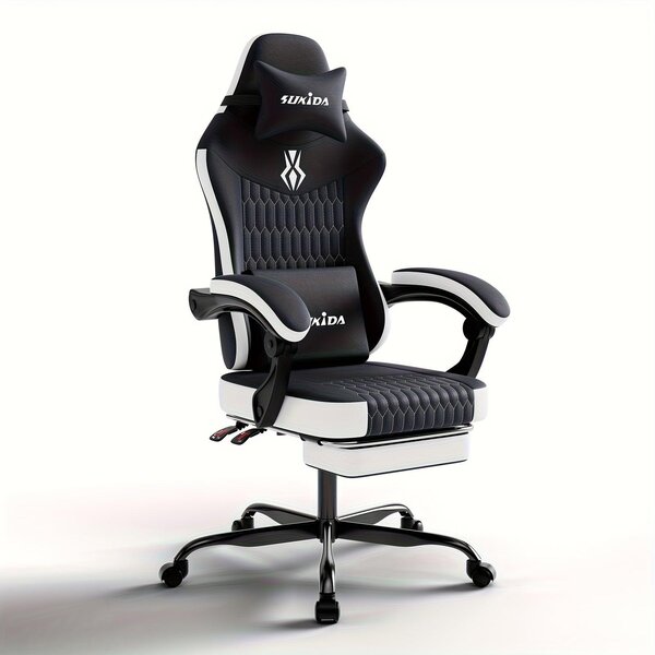 Game Stoel – Sedia ergonomica da scrivania con altezza, schienale e poggiapiedi regolabili, disponibile in bianco e nero