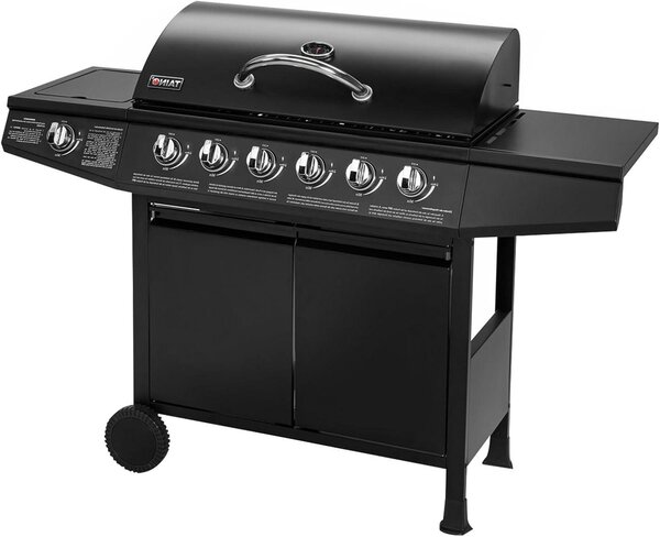 Barbecue a gas – Griglia a gas – Carrello per barbecue – Cucina esterna con griglia – 6 bruciatori in acciaio inossidabile + bruciatore laterale – Ampia superficie di cottura: 76x34 cm