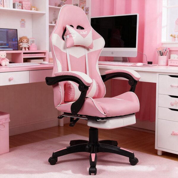 Sedia da gaming – Sedia da gaming ergonomica con supporto lombare regolabile e poggiatesta girevole – Rosa