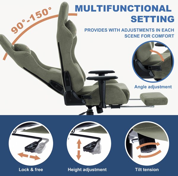 Sedia da gaming ergonomica con poggiapiedi estraibile e schienale regolabile, disponibile in un vivace colore verde