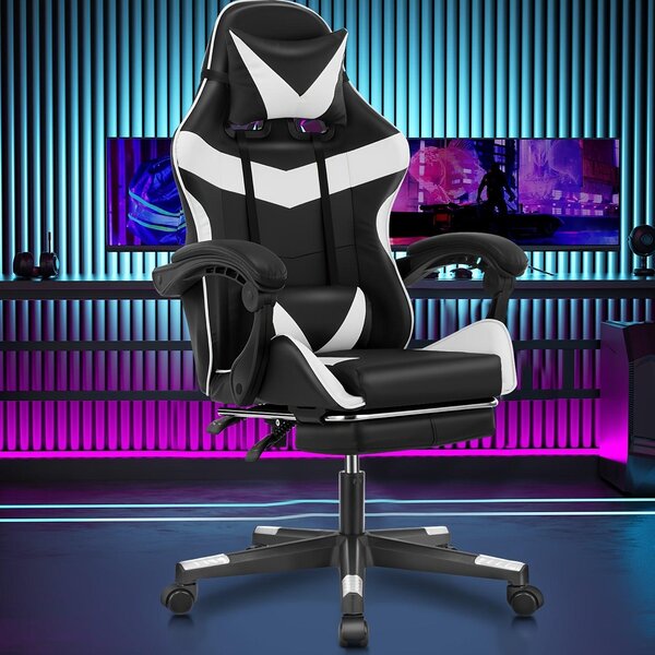 Sedia da gaming nera e bianca, sedia ergonomica da ufficio con schienale alto e braccioli regolabili