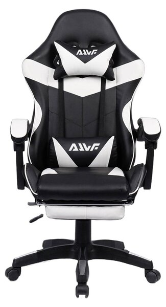 Sedia da gaming ergonomica, rivestita in ecopelle bianco e nero, con poggiapiedi regolabile