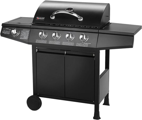 Barbecue a gas – Griglia a gas – Cucina esterna – Carrello per barbecue – Carrello per griglia – 4 bruciatori in acciaio inossidabile – Bruciatore laterale – Ampia superficie di cottura