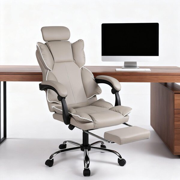 Sedia da gaming ergonomica con poggiapiedi pieghevole, color kaki, rivestita in ecopelle dorata