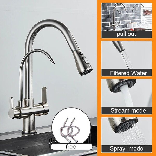 Rubinetto da cucina - Bocca estraibile - Due maniglie - Acqua calda e fredda - Argento