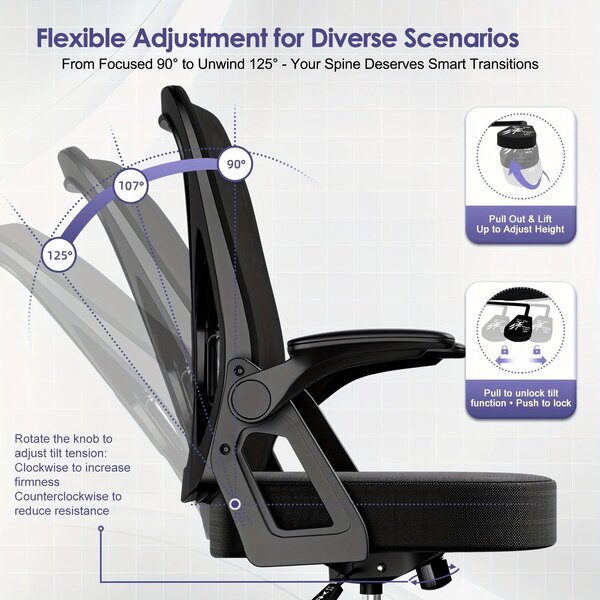 Sedia da ufficio ergonomica, con supporto lombare regolabile, braccioli pieghevoli e ruote morbide