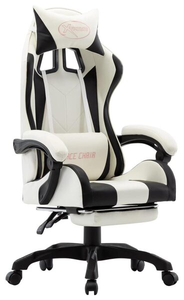 Sedia da gaming – Sedia per videogiochi – Sedia da corsa – Regolabile – Ecopelle – Poggiapiedi pieghevoli – Nero e bianco
