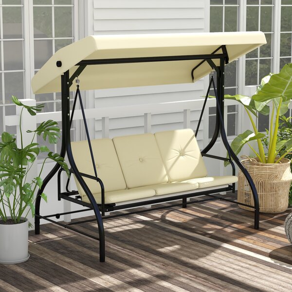 Outsunny Dondolo da Esterno 3 Posti con Tettuccio Regolabile in Teslin Anti-UV,Dondolo da Giardino Robusto in Metallo,Dondolo Letto Beige| Aosom Italy