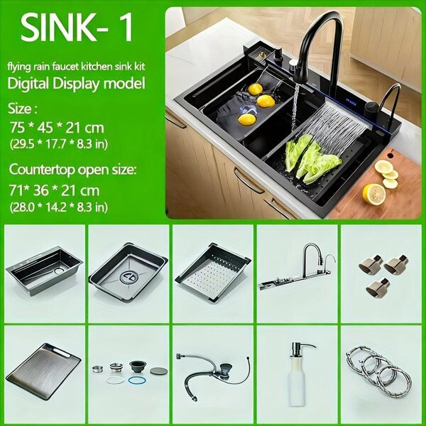 Rubinetto da cucina - 75x45 cm - Acciaio inossidabile nero - Miscelatore a cascata - Display digitale - Lavello