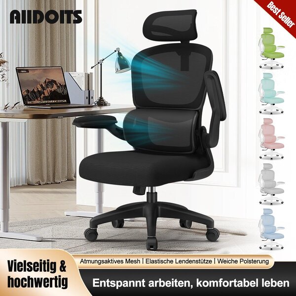 Sedia da ufficio ergonomica con poggiatesta, braccioli e supporto lombare regolabili, adatta a utenti fino a 150 kg