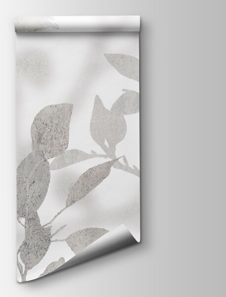 Carta da parati Sfondo bianco e grigio con piante e foglie, Carta da parati acquerello sul muro, Carta da parati popolare, w03911 - Tapeko.it