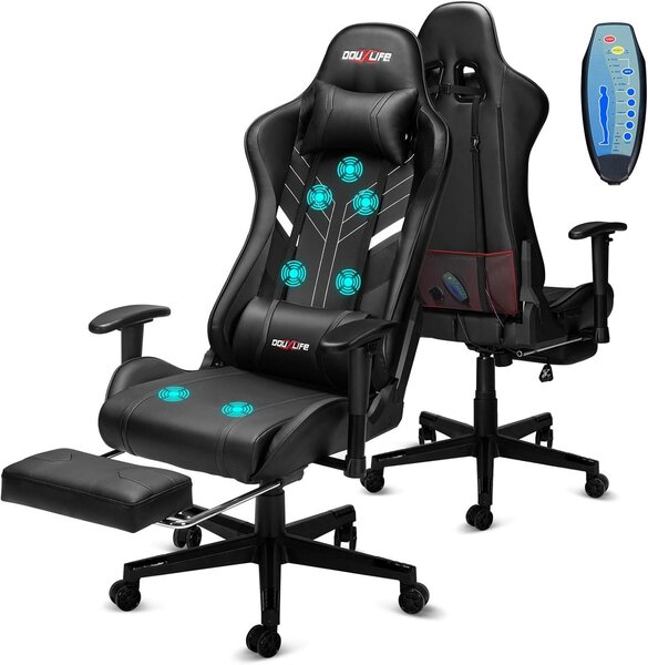 Sedia da gaming Douxlif, con massaggio a 7 punti, sedia ergonomica da ufficio con poggiapiedi, schienale regolabile da 90 a 175°, braccioli regolabili in 2 dimensioni, ideale per il gaming su PC