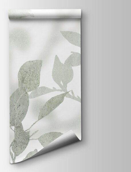 Carta da parati Sfondo bianco e grigio con foglie e pennellate, Carta da parati Natura, Carta da parati popolare, w03911v1 - Tapeko.it