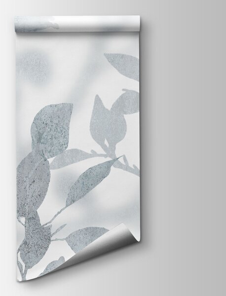 Carta da parati Sfondo bianco e grigio con foglie e pennellate, Carta da parati acquerello sul muro, Carta da parati popolare, w03911v2 - Tapeko.it