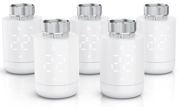 Set di 5 termostati per radiatori WLAN, con controllo tramite app, programmazione settimanale, display LED, manopola rotativa, rilevamento finestra aperta, protezione antigelo, termostato per riscaldamento, 5 pezzi, bianco