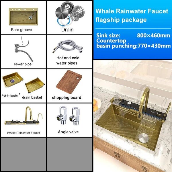 Lavello con rubinetto a cascata, display digitale e acciaio inossidabile
