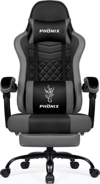 Sedia da gaming – Sedia per videogiochi – Sedia da ufficio – Design ergonomico – Poggiapiedi regolabile – Grigio
