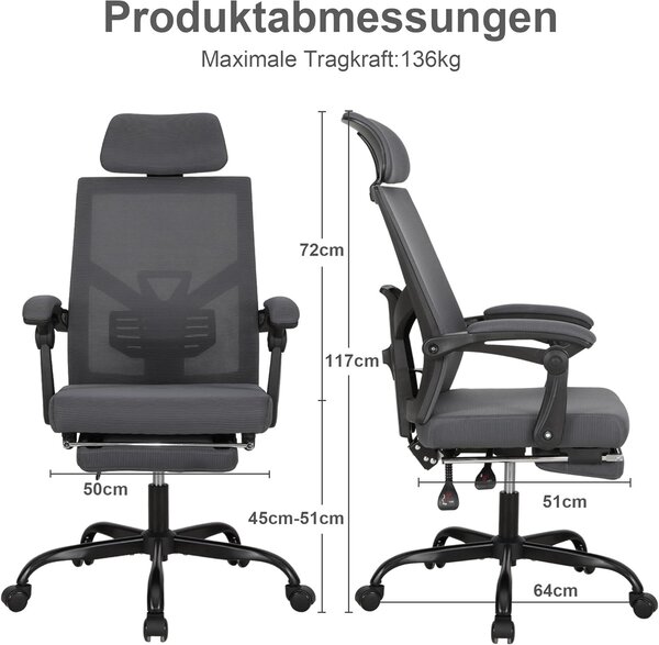 Sedia da ufficio ergonomica - Sedia da ufficio con poggiatesta regolabile - Sedia da ufficio - Sedia girevole - Sedia da lavoro