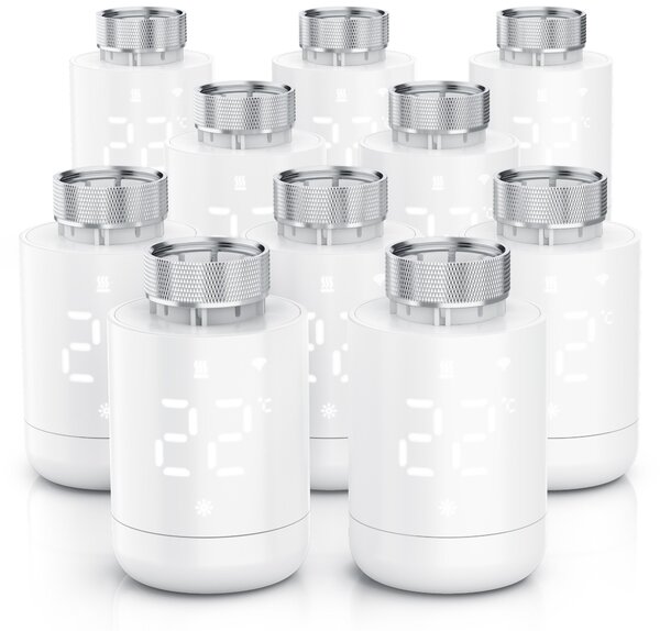 Set di 10 termostati per radiatori WLAN, con controllo tramite app, programmazione settimanale, display LED, manopola rotativa, rilevamento finestra aperta, protezione antigelo, termostato per riscaldamento, colore bianco