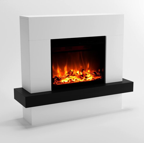 Camino elettrico da pavimento, bianco, con riscaldamento da 1500 Watt e decorazioni effetto legno
