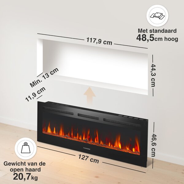 Stufa elettrica da 50 pollici - 1800 Watt - Metallo e plastica neri - Camino d'atmosfera con effetto fiamma 3D
