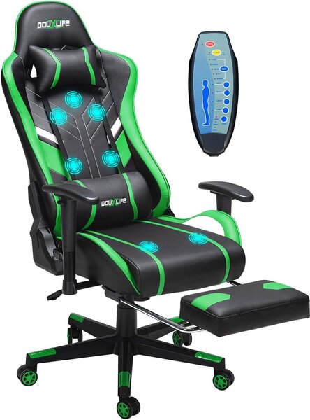 Sedia da gaming Douxlif con massaggio a 7 punti, poggiapiedi, sedia ergonomica da ufficio con capacità di carico di 180 kg, schienale regolabile da 90 a 175 gradi, braccioli 2D, sedia da gaming per PC