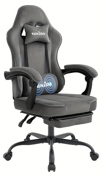 Sedia da gaming in velluto – Sedia ergonomica per computer – Regolabile – Con poggiapiedi – Tessuto grigio