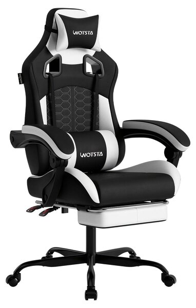 Sedia da gaming ergonomica – Sedia da ufficio – Design bianco e nero – Imbottitura in memory foam – Con poggiapiedi